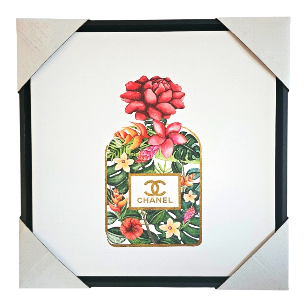 Chanel Perfume Bottle & Flowers Canvas Wall Decor 12x12 New